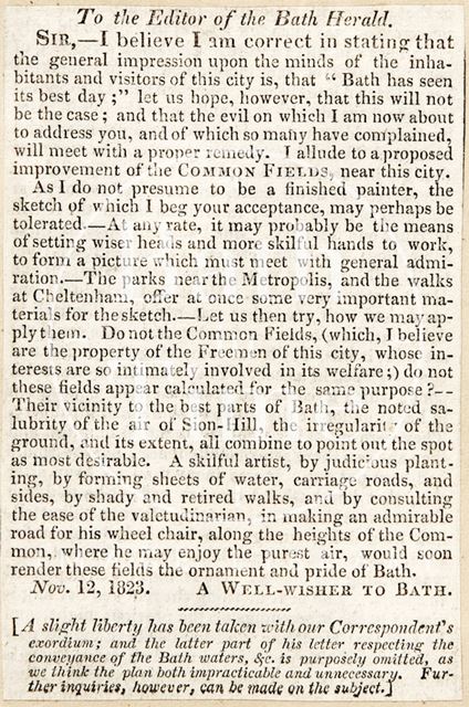 The proposed improvements of the common field near the city, Bath 1823