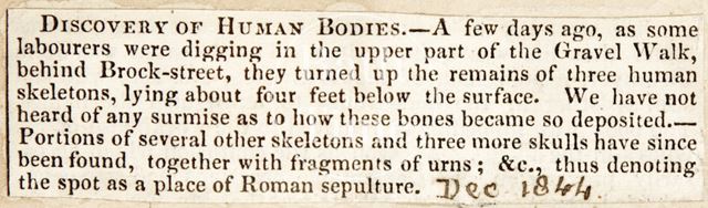 The discovery of human skeletons, Gravel Walk, Bath 1844