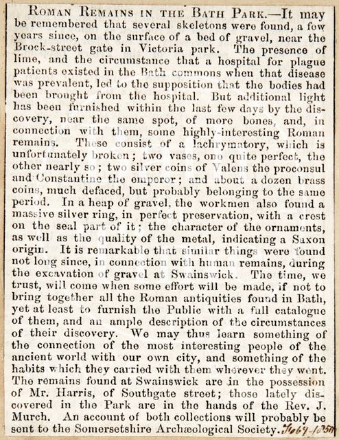 The discovery of Roman and Saxon remains and artefacts in the Bath Park 1850