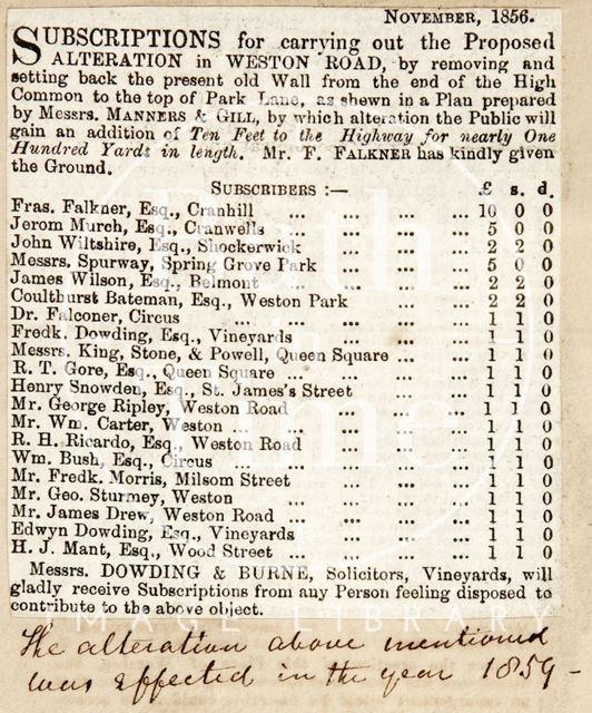 Subscriptions for the alteration on Weston Road, Bath 1856