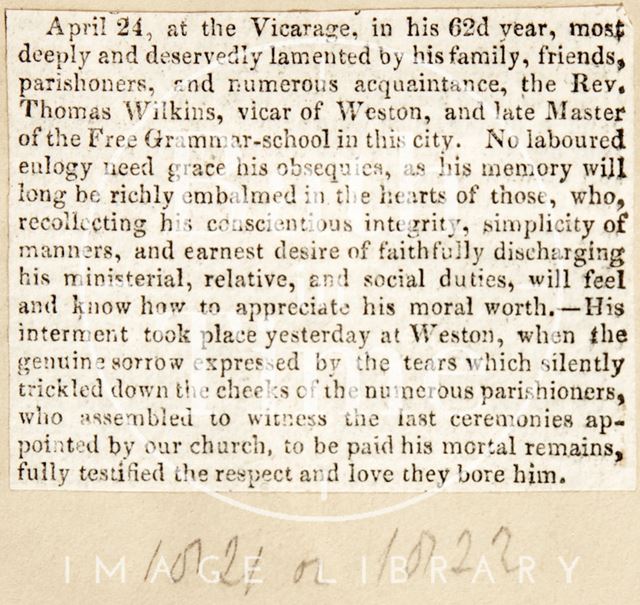 Obituary of Rev. Thomas Wilkins, Vicar of Weston, Bath 1824