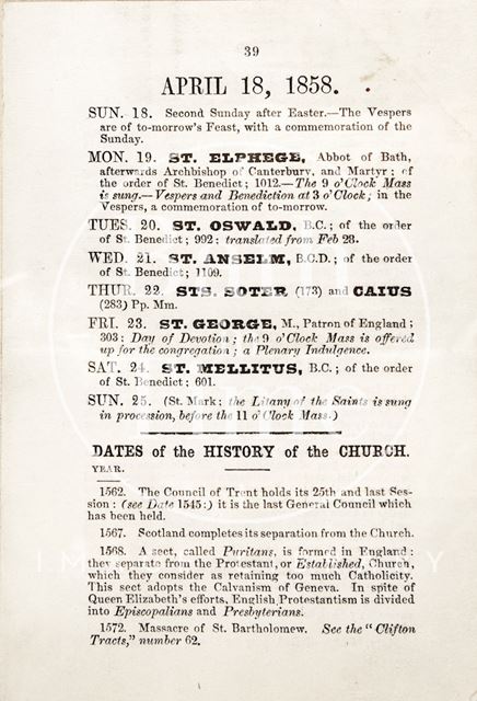 List of Weston Church services, Bath 1858