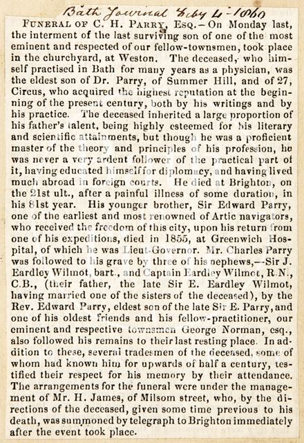 The funeral of C.H. Parry Esq. including obituary 1860