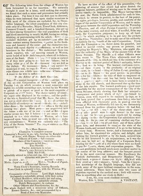 Annual inauguration of the municipal officers of the ancient corporation of Weston, Bath 1834