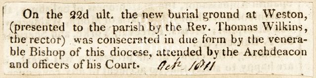 Consecration of new burial ground at Weston, Bath 1811