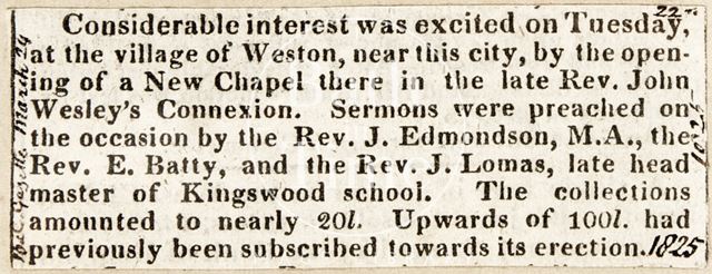 Announcing the opening of new chapel in Weston, Bath 1825