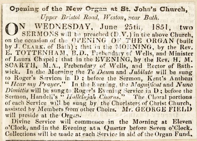 Opening of the new organ at St. John's Church, Weston, Bath 1851