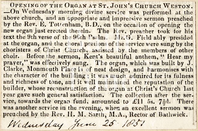 Opening of the new organ at St. John's Church, Weston, Bath 1851