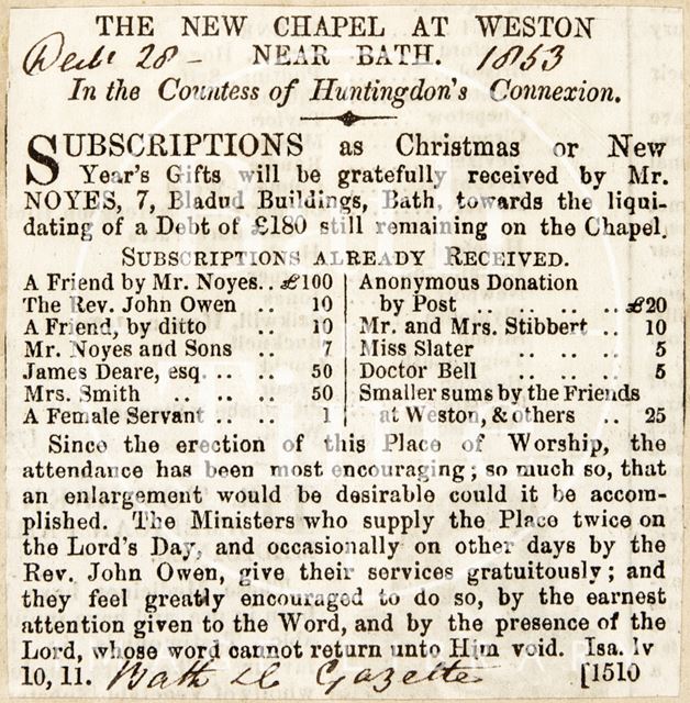 New Chapel at Weston Subscriptions, Bath 1853