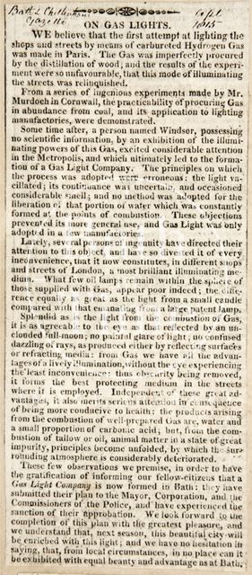 Gas lighting company to be formed in Bath 1815