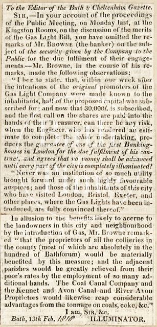 Concerning the gas light bill, Bath 1816