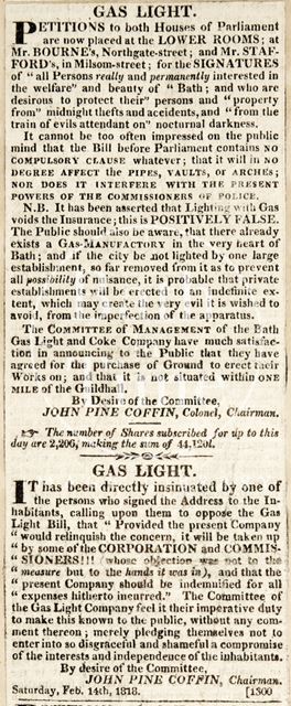 Concerning petition from Bath for gaslight in the city 1818