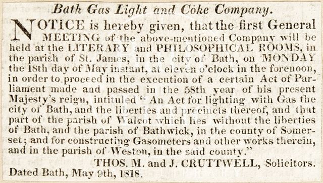 A notice of the first meeting of the Bath gaslight and coke company 1818