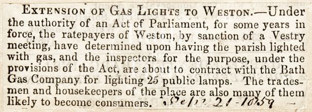 Extension of the city gaslights to Weston, Bath 1859