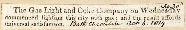 The Gas Light and Coke Company on Wednesday commenced lighting this city with gas, Bath 1819