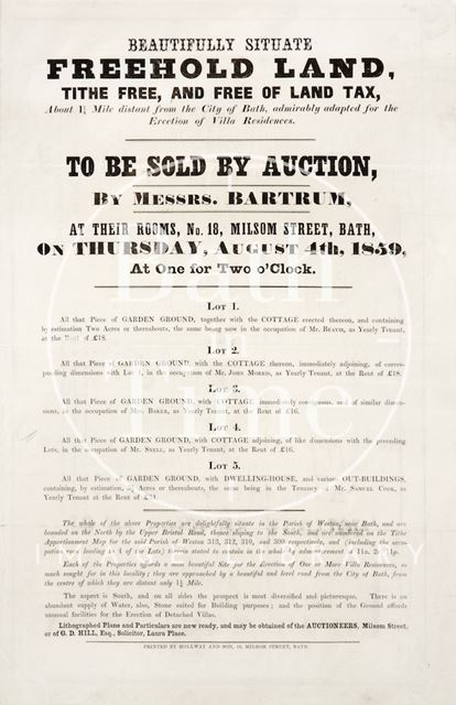 A notice of land to be sold in the Parish of Weston, Bath 1859