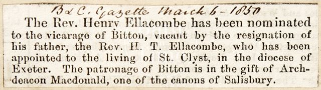 A new Reverend in Bitton, Gloucestershire 1850