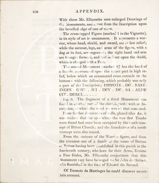 Article announcing the discovery of monuments at Bitton Church, Gloucestershire 1828