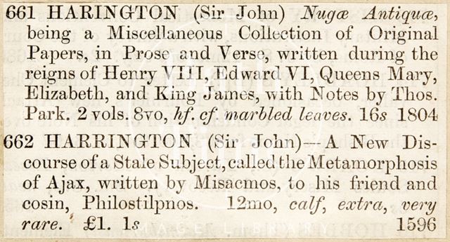 Auction listings of some of Sir John Harington's books c.1850