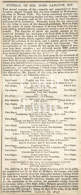 The funeral of the Colonel Gore Langton M.P. 1847