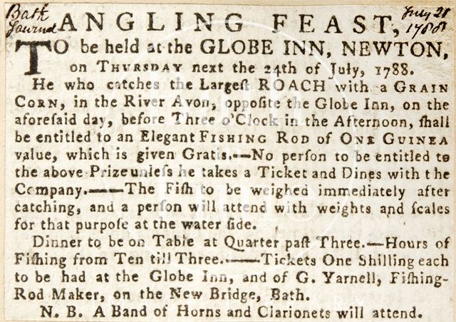 An angling feast to be held at the Globe Inn, Newton St. Loe 1788