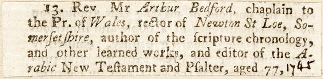 Rev. Mr. Arthur Bedford, Rector of Newton St. Loe 1745