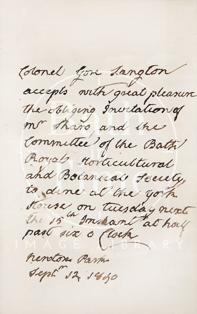 Handwritten letter from Colonel Gore Langton accepting the invitation to dine at the York houses from the Committee of the Bath Royal Horticultural and Botanical Society 1850