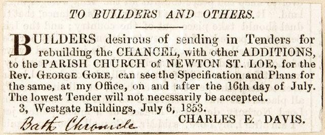 Asking for builders for the construction of the church at Newton St. Loe 1853