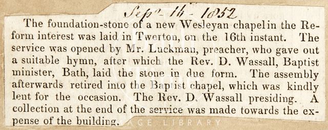 The laying of a foundation stone for the new Chapel, Twerton, Bath 1832