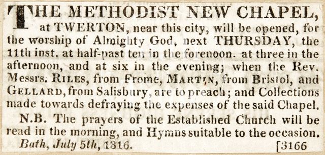 The opening of the new Methodist Church, Twerton, Bath 1816