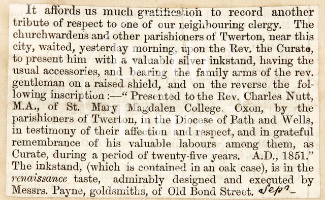 The retirement of Rev. Charles Nutt of St. Mary Magdalene College, Bath 1851