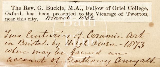 Rev. G. Buckle as been presented to the vicarage of Twerton of Bath 1852