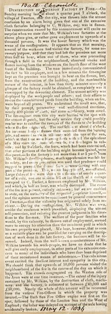 The destruction of Twerton factory by fire, Bath 1836