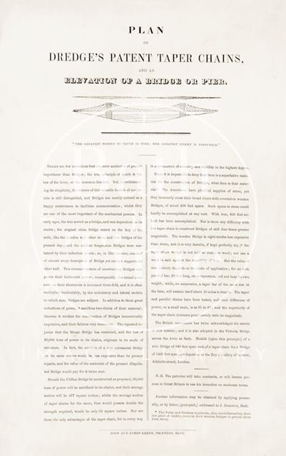 Plan of Mr. Dredge's patter taper chains and a elevation of bridge or pier, Bath 1840