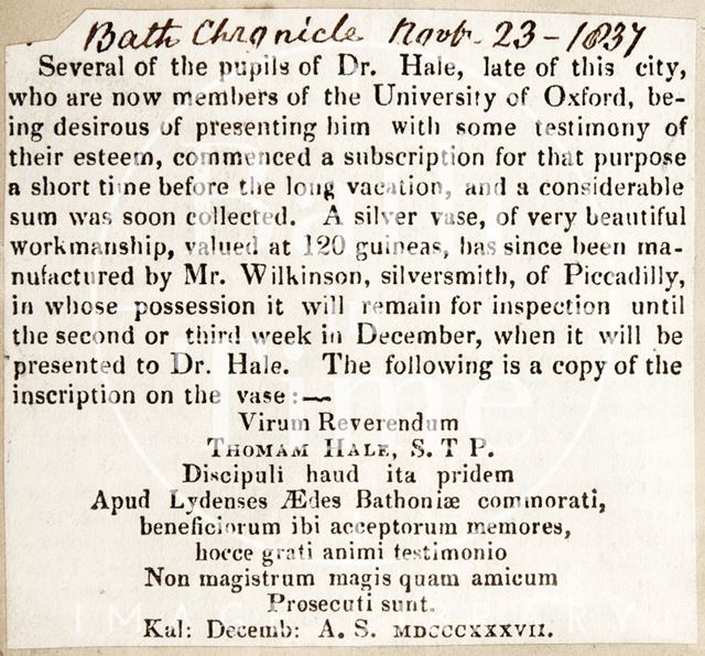 Dr. Hail of Lyde House, Bath is presented a silver vase 1837