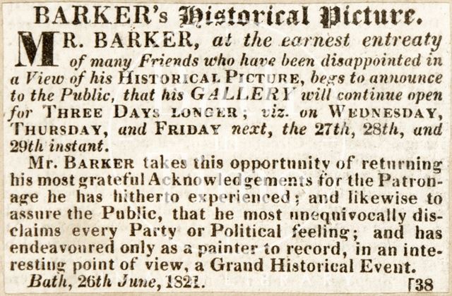 The exhibition of Mr. Barker's paintings will be extended for a further three days 1821