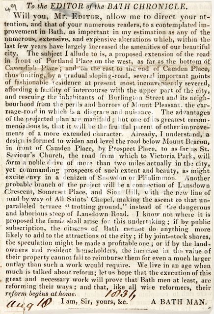 The advantages and disadvantages of the new road at Cavendish place, Bath 1836