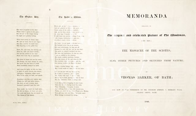 Pamphlet: Memoranda, relative to the original and celebrated picture of the Woodman, the massacre of the Sciotis, also other pictures and sketches from nature 1846