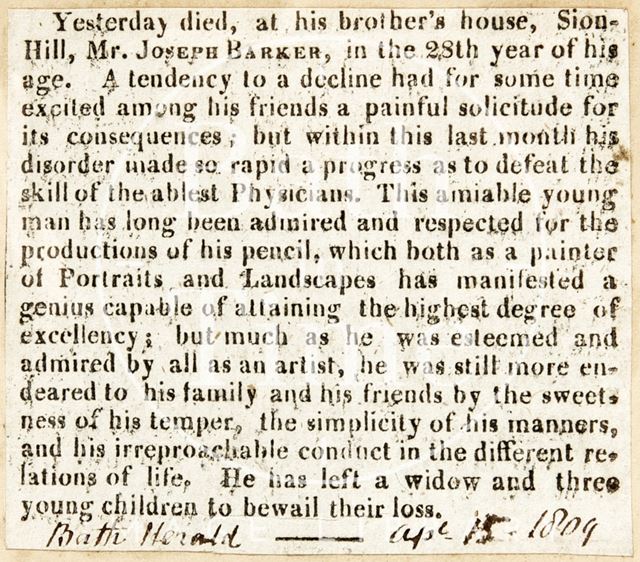 Obituary of Mr. Joseph Barker 1809