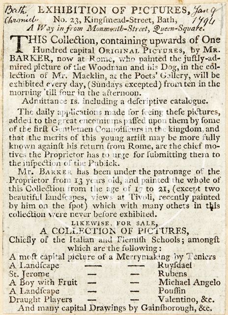 An exhibition of Thomas Barker at Kingsmead Street, Bath 1794