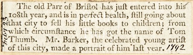 The Old Parr of Bristol has reached his 108th year 1792