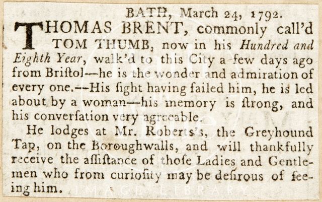 Invititation to people to come to see the Old Tom Thumb 1792