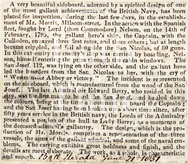 A sideboard, previously belonging to Lord Nelson, was in the establishment of Mr. Norris, Milsom Street, Bath 1851