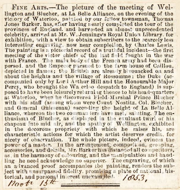 The meeting of Field-Marshall Blucher and the Duke of Wellington at the Royal Union Library 1853