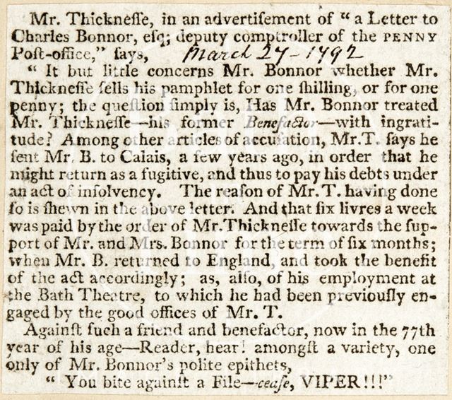 A disagreement between Mr. Thicknesse and Mr. Bonnor 1792