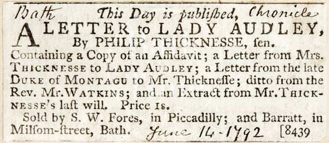 A letter to Lady Audley from Philip Thicknesse 1792