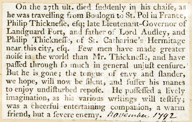 The obituary of Philip Thicknesse 1792