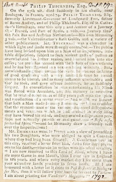 The obituary of Philip Thicknesse 1792