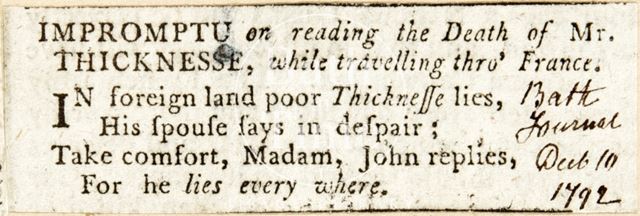 A short poem about Philip Thicknesses' death 1792