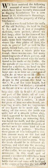 The discovery of stone coffins, found whilst digging foundations for the new house at St. Catherine's Hermitage, Bath 1808